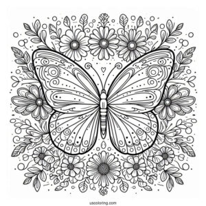 Butterfly Coloring Page On Pretty Flowers Inside A Floral Mandala