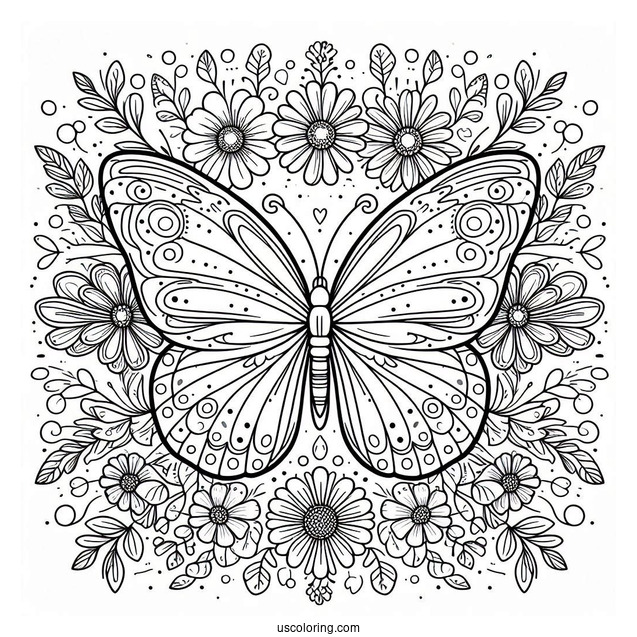 Butterfly Coloring Page On Pretty Flowers Inside A Floral Mandala