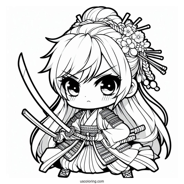 Fierce Young Chibi Coloring Page Samurai in Battle Robes