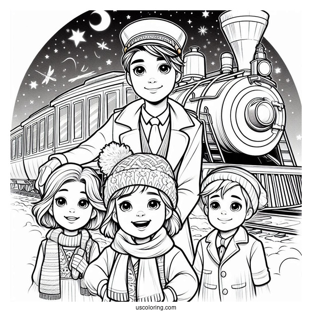 Conductor, Hero Boy, And Hero Girl In Front Of The Polar Express Coloring Page