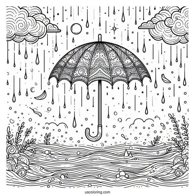 Rain Coloring Page Falling On Umbrella