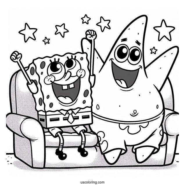 SpongeBob And Patrick Star Coloring Page Cheering On Sofa