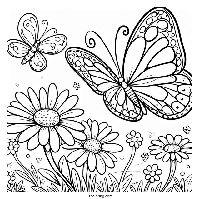 Cartoon Butterfly Hovering Above Daisies In Spring Coloring Page