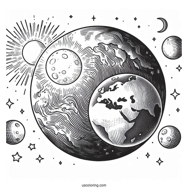 Realistic Earth With Sun And Moon In Outer Space Coloring Sheet