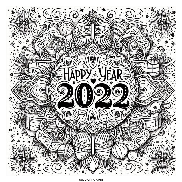 Happy New Year Coloring Page Of Words Below A Festive Mandala