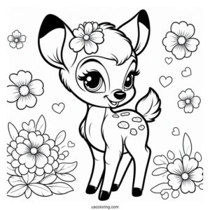 Smiling Bambi, Blossom, And Flower Coloring In For Kids v2