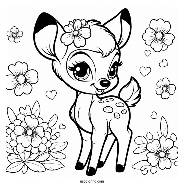 Smiling Bambi, Blossom, And Flower Coloring In For Kids v2