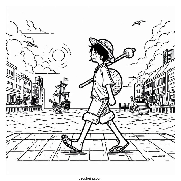 One Piece Coloring Page Of Simple Luffy Walking On Port For Kids