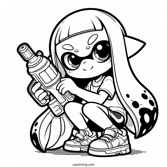 Splatoon Coloring Page Of Kawaii Inkling Girl Crouching While Holding Inkjet