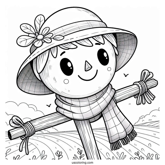 Smiling Scarecrow Coloring Page In The Field Wearing A Scarf