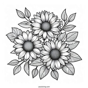 Flower Coloring Pages Of Three Small Sunflowers With Leaves
