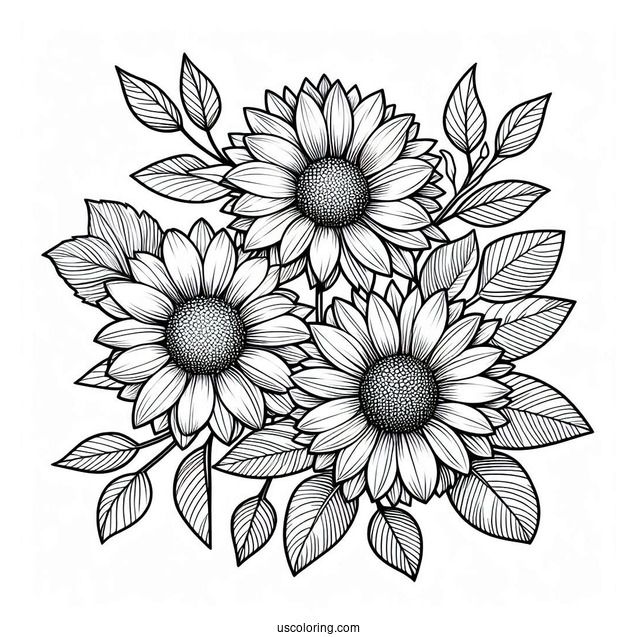 Flower Coloring Pages Of Three Small Sunflowers With Leaves