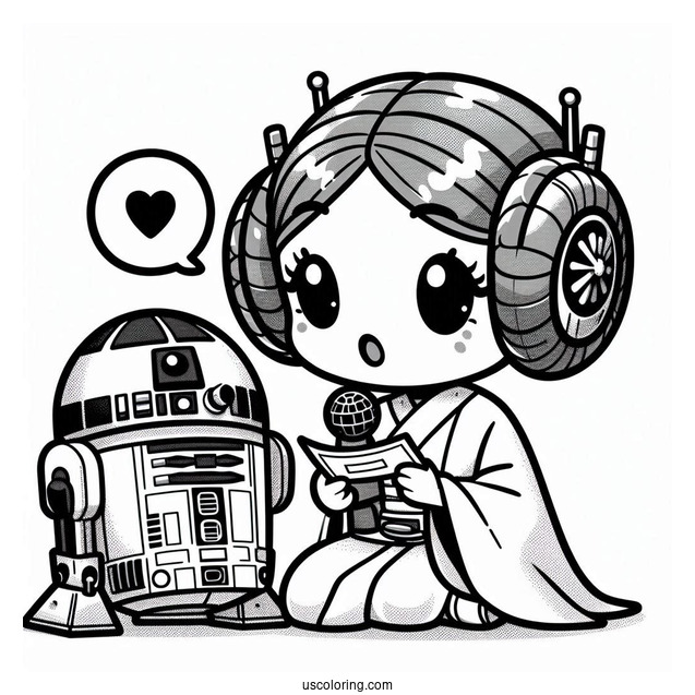 Chibi Princess Leia Recording Message Through R2-D2 Coloring Page
