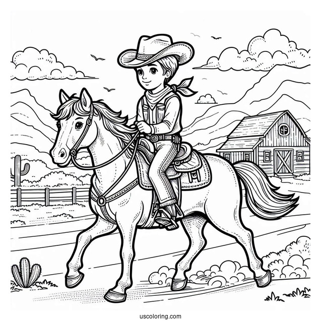 Young Cowboy Coloring Page Riding A Horse For Kids
