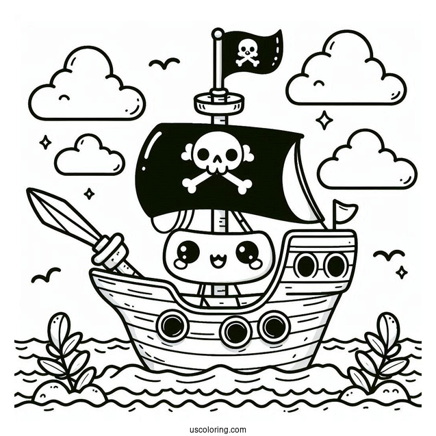 Kawaii Cartoon Pirate Ship Coloring Page For Preschoolers