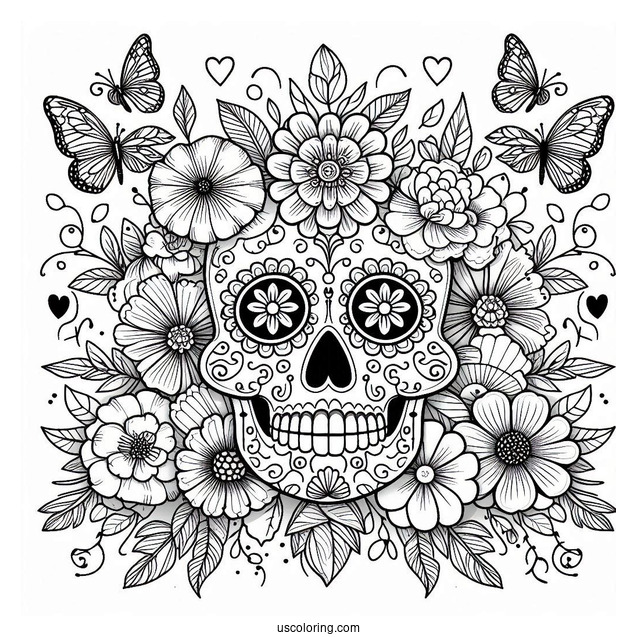 Detailed Sugar Skulls Coloring Page With Flowers And Butterflies