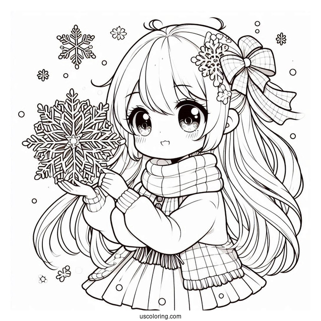 Kawaii Anime Girl Holding Snowflake Coloring Page