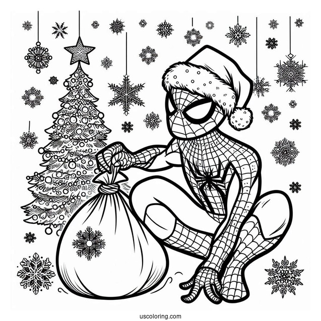 Christmas Spider-Man With Santa Sack To Color