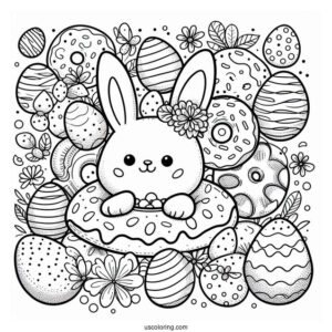 Easter Bunny Donut Coloring Page Surrounded By Eggs