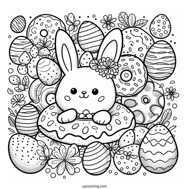 Easter Bunny Donut Coloring Page Surrounded By Eggs