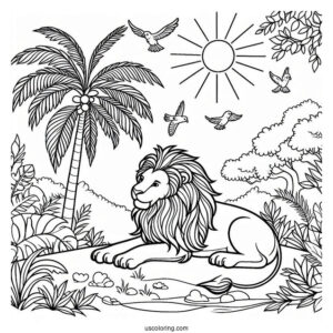 Lion With Birds Under The Sun In Jungle Coloring Page