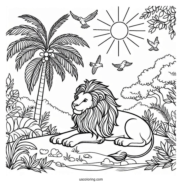 Lion With Birds Under The Sun In Jungle Coloring Page