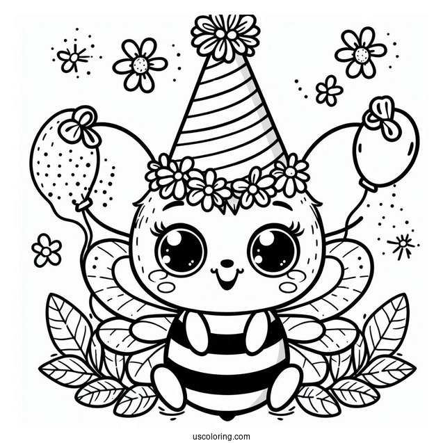 Bee Coloring Page Wearing Party Hats For Birthday Celebration