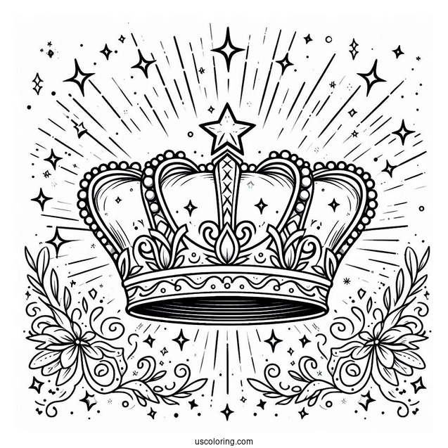 Majestic Crown Coloring Page with Stars and Light Beams