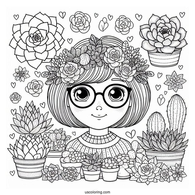 Nerdy Girl Surrounded By Succulents Coloring Page For Kids