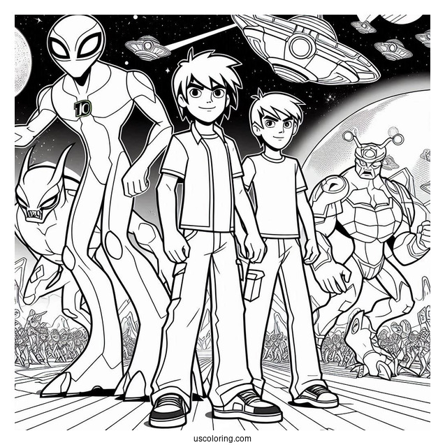 Ben 10 Coloring Page Of And Kevin Levin With Aliens