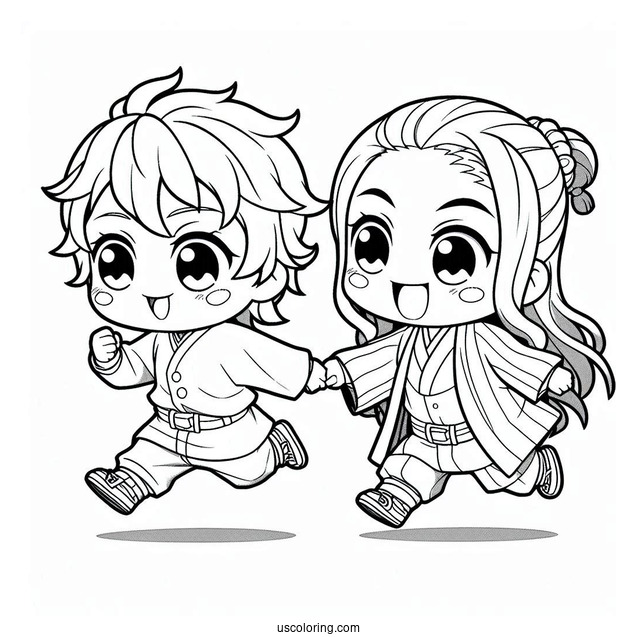 Chibi Tanjiro And Nezuko coloring Page Playing Outdoors For Kids