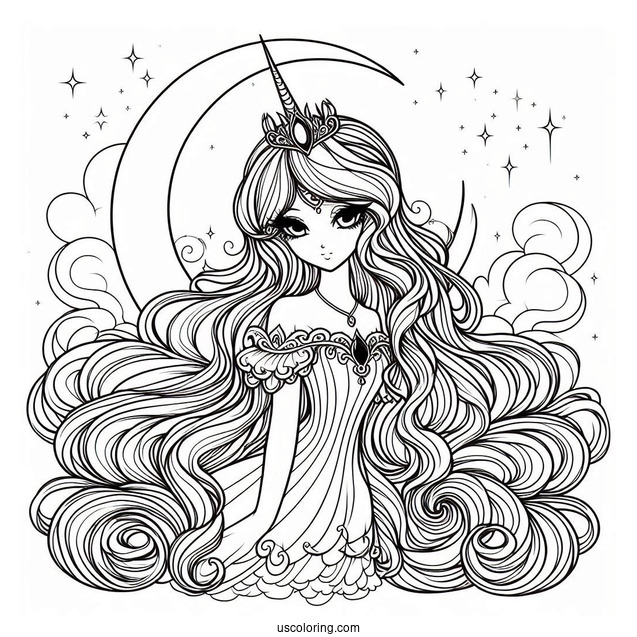 Princess Luna Coloring Page With Crescent Moon In Background