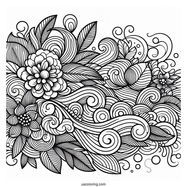 Waves And Flowers Pattern Coloring Page