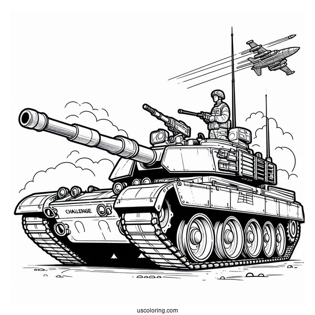 Coloring Sheet of Challenger 2 British Tank With Gunner