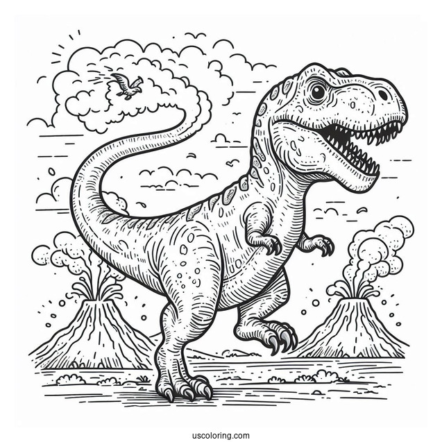 T-Rex Dinosaur Running From Volcano