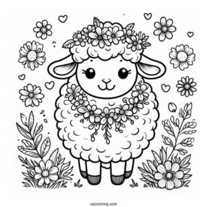 Easy Sheep With Flower Necklace Spring Coloring Page
