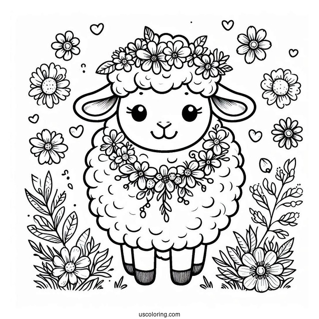 Easy Sheep With Flower Necklace Spring Coloring Page