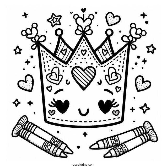 Cute DIY Crown Coloring Page with Hearts, Crayons, and Stars For Kids