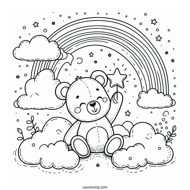 Cute Coloring Page Teddy Bear Holding A Star In The Clouds