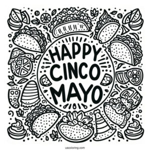 Happy Cinco De Mayo Words Around A Taco Coloring Page