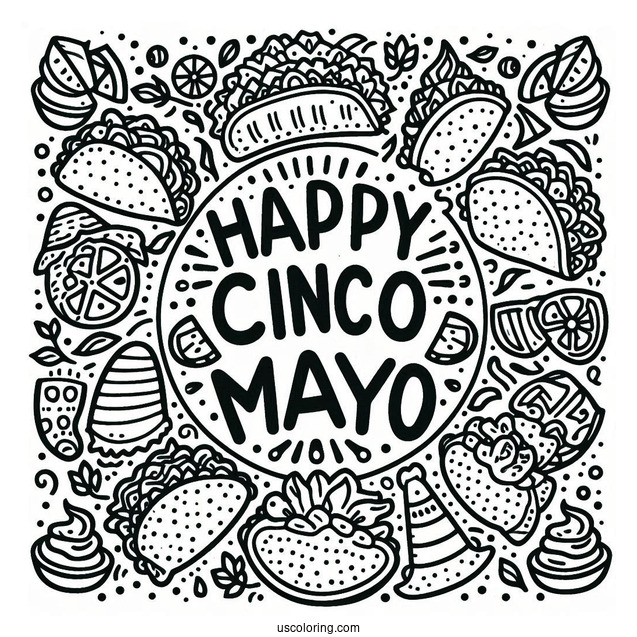 Happy Cinco De Mayo Words Around A Taco Coloring Page