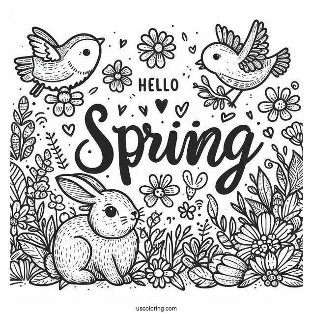 Hello Spring Words Above Rabbit And Bird In Spring Coloring Page