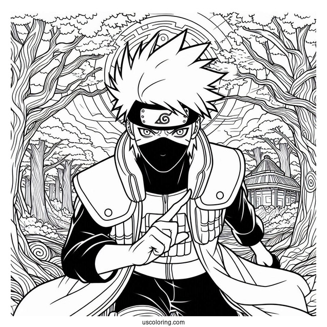 Hatake Kakashi Coloring Page In The Forest With Mangekyo Sharingan In The Sky