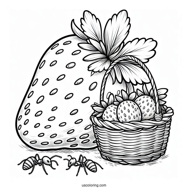 Giant Strawberry Coloring Page Beside A Basket With Ants