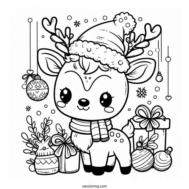 Christmas Coloring Pages For Adults Of Cute Reindeer With Christmas Baubles And Santa Hat