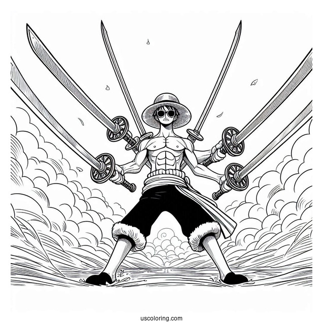 One Piece Coloring Page Of Zoro Using Three Swords In Battle