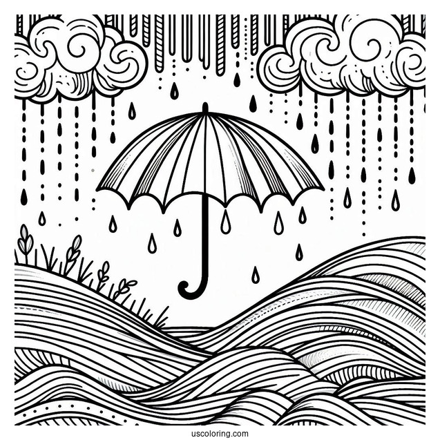 Rain Coloring Page Falling On Umbrella