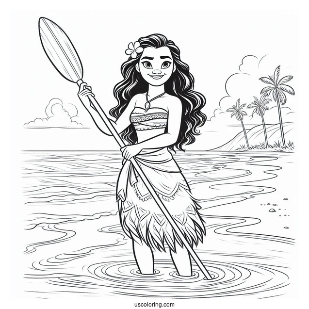 Moana Holding An Oar At The Beach Coloring Page For Kids