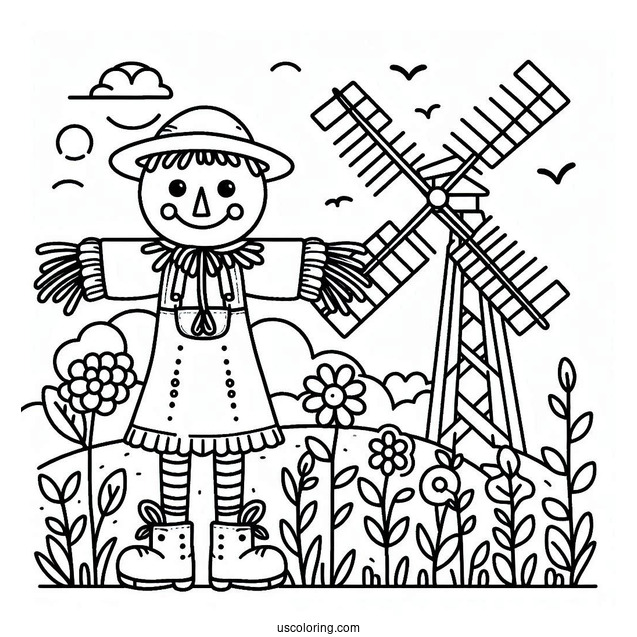 Cute Scarecrow Coloring Page With A Windmill At The Back