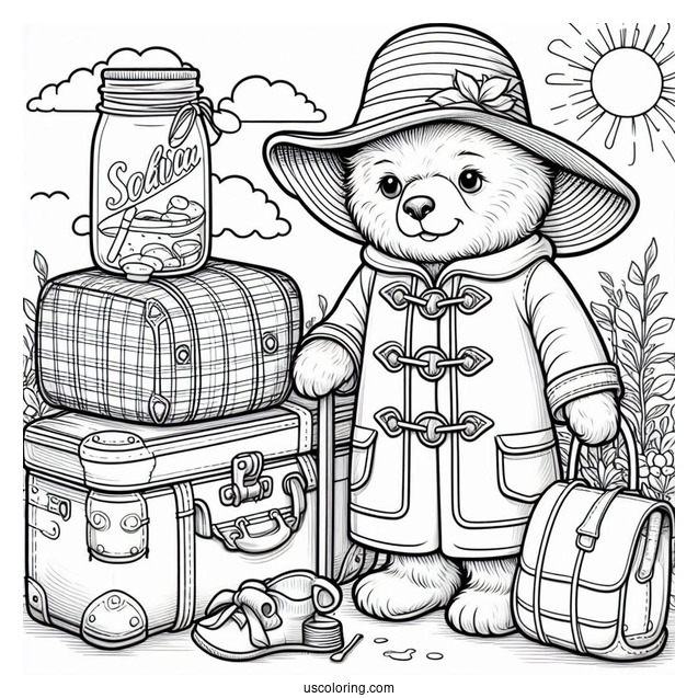 Easy Paddington Coloring Page Outline With Suitcase And Jar For Preschoolers